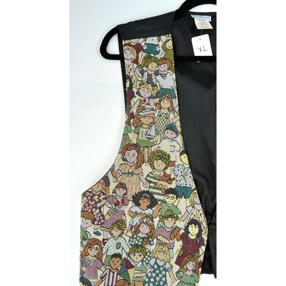 Vintage Children of the World Print Brocade Open Front Vest Teacher Kidcore - Picture 10 of 14